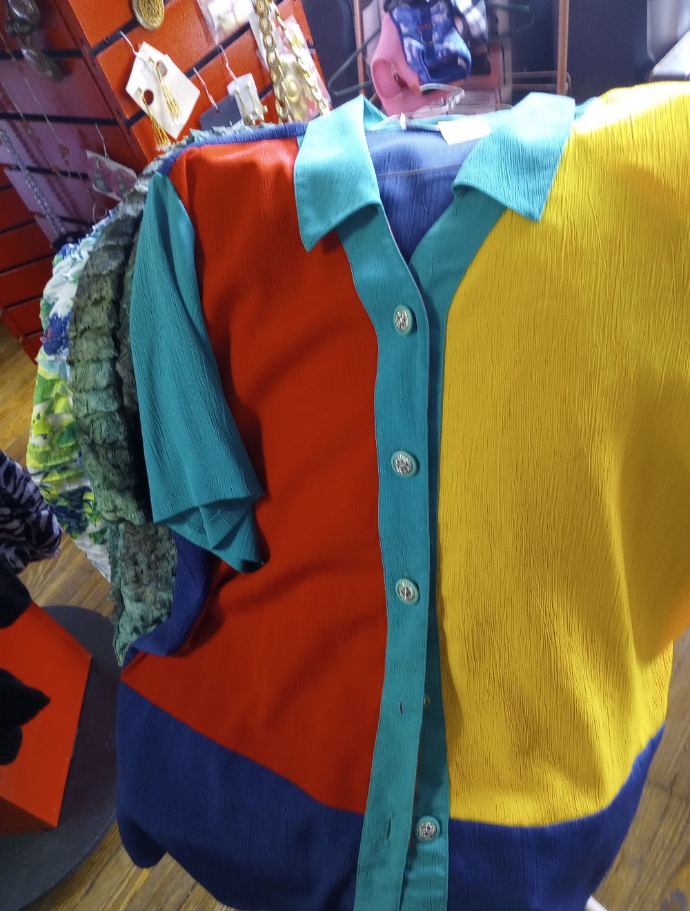 Colorblock Short-Sleeve Button-Up Kids Shirt - Teal, Red ,Dk Blue & Yellow